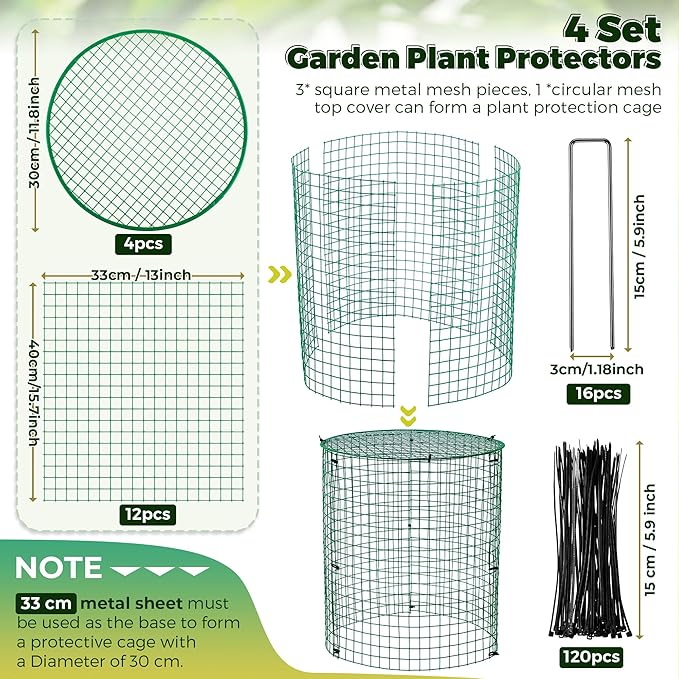 Hiboom 4 Pack Garden Plant Protectors from Animals with Stakes, Metal Mesh and Detachable Covers Wire Plant Cage for Keeping Bunny Animals Out, Chicken Wire Cover Garden Protect (16 * 13 in)