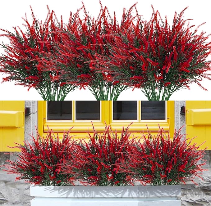 12 Bundles Fake Outdoor Flowers UV Resistant Plants Artificial Lavender Faux Plastic Shrubs Window Box Garden Porch Home Decor (Bright Red)