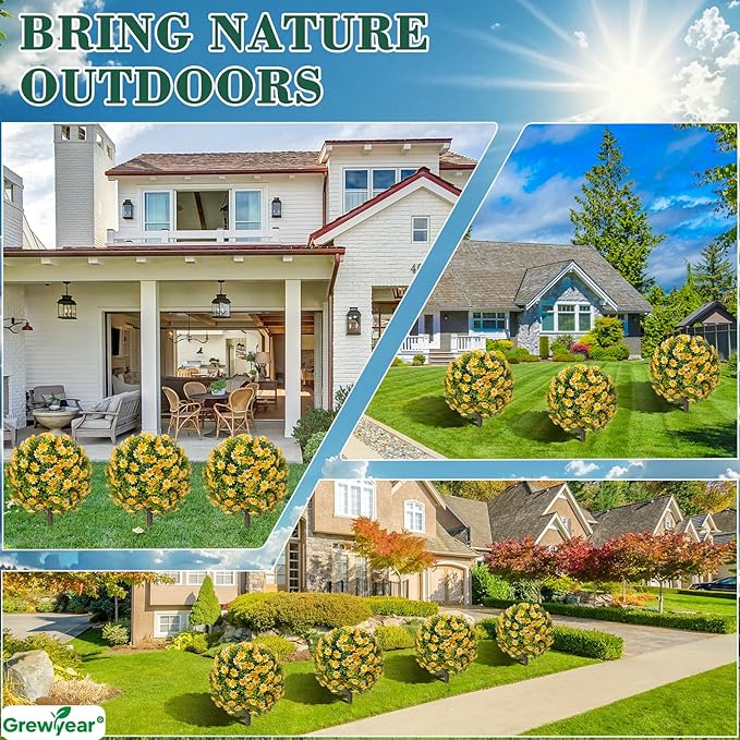 Fall Artificial Topiary Ball with Spike Set of 2, Faux Boxwoods for Outdoor Planters, UV Resistant Artificial Outdoor Plants for Porch, Fake Bushes Round Shrub with Orange Yellow Flower