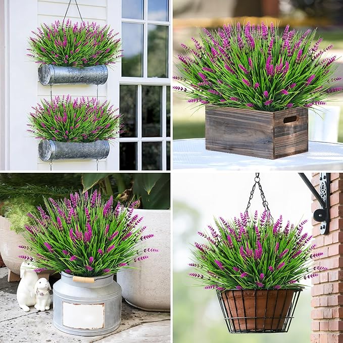 Bassion Artificial Flowers for Outdoors, 24 Bundles Fake Lavender Flowers UV Resistant Fuchsia Plastic Plants Faux Monkey Grass for Home Porch Garden Window Box Indoor Outdoor Decorations