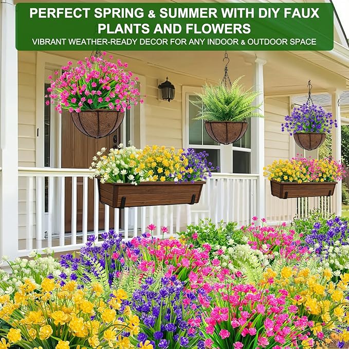 TURNMEON 20 Bundles Artificial Flowers for Outdoors, Spring Grass Camellia Fake Flowers Fern Plants Eucalyptus, UV Resistant No Fade Faux Greenery for Gardens Cemetery Summer Decor(Mixed 6 Styles 2)