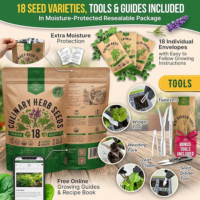 Organo Republic 18 Culinary Herbs Seeds Variety Pack - 10,180+ Heirloom, Non-GMO, Herbs Seeds for Outdoor and Indoor Home Gardening, Including Rosemary, Thyme, Oregano, Mint, Basil, Parsley
