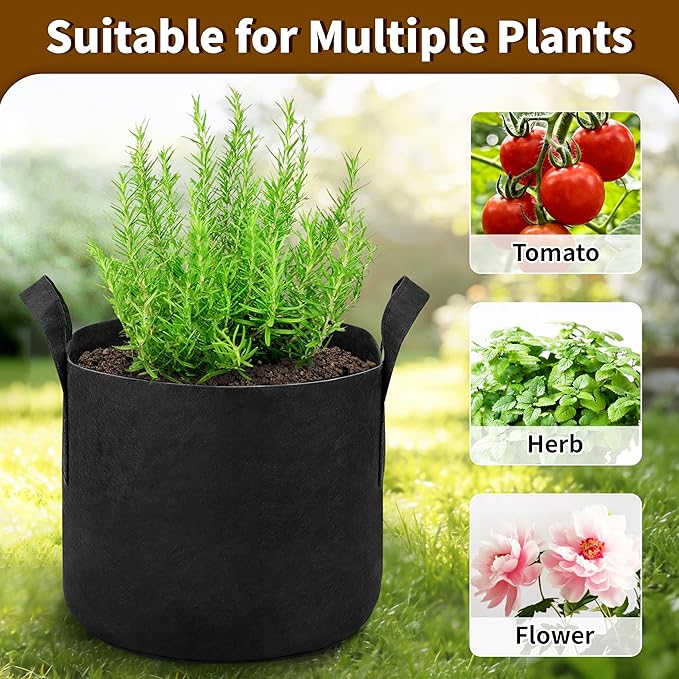 6 Pack 3 Gallon Grow Bags, Heavy Duty 300g Nonwoven Fabric Plant Pots with Reinforced Handles, Breathable Potato & Tomato Grow Bags for Vegetables, Peppers, Herbs - Black