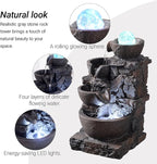 Indoor Tabletop Fountain with 4-Tier Stone Bowls, Rolling Crystal Ball & LED Lights – Tranquil Waterfall Decor for Home, Office or Zen Space (23066)