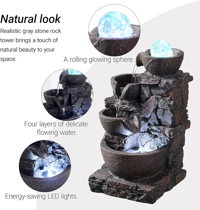 Indoor Tabletop Fountain with 4-Tier Stone Bowls, Rolling Crystal Ball & LED Lights – Tranquil Waterfall Decor for Home, Office or Zen Space (23066)