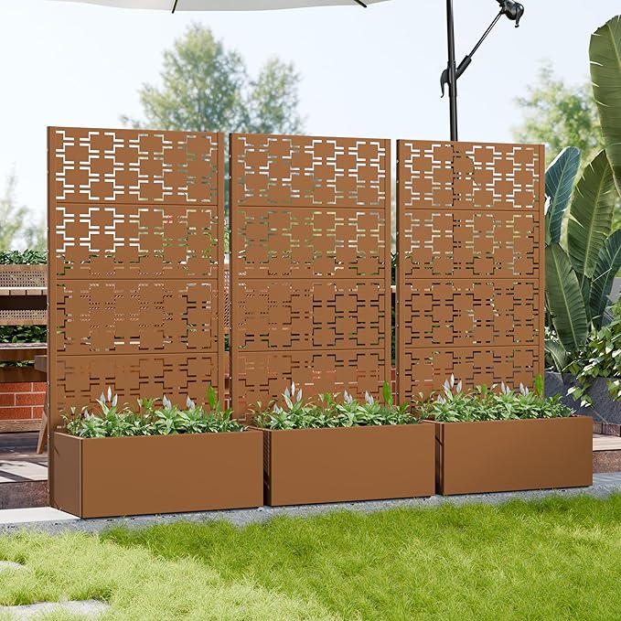 Casaphoria Metal Raised Garden Bed with Trellis, 59"x30"x12" Planter Box for Climbing Plants, Vegetables & Vines, Features Drainage Holes and Privacy Screen, Brown-Brick