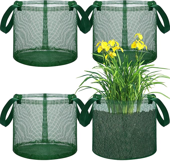EBaokuup 4 Pcs Pond Planting Bag with Handle, Reusable 7 Inch Round Aquatic Mesh Plant Pot for Ponds, Breathable Green Water Garden Pond Plant Basket for Lotus Bog Terrestrial Plants