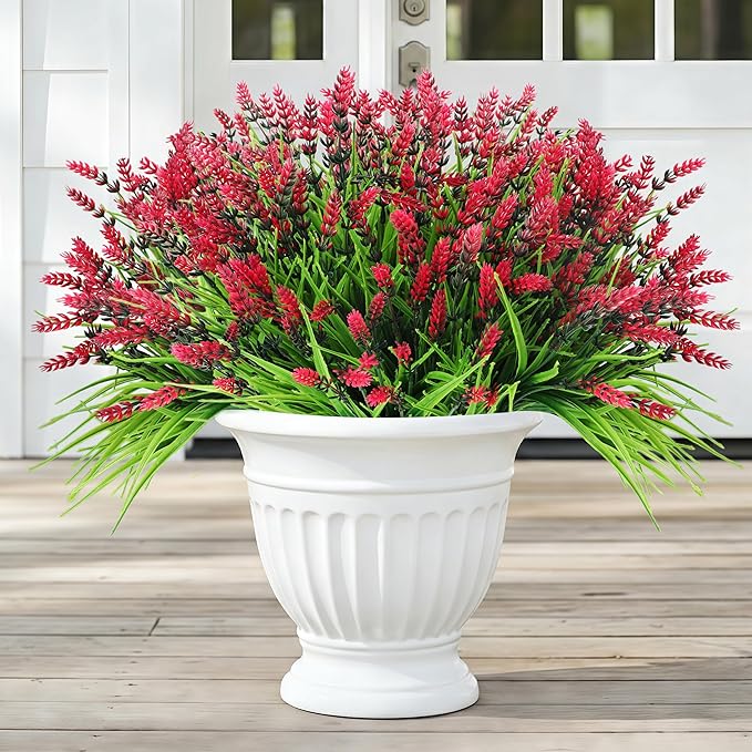Faux Flowers for Outdoor Planters – 20 Bundles Fake Plants Outdoor, UV Resistant Artificial Plants & Flowers with Fake Monkey Grass, Faux Outdoor Plants for Porch Patio Garden Decor