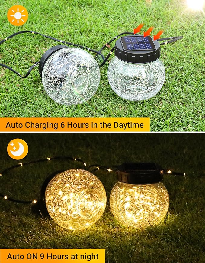 PARTPHONER Solar Lights Outdoor Waterproof 12-Pack, Solar Powered Hanging Lantern Cracked Glass Hanging Globes for Yard Decor Christmas Decoration, Shepherd Hook, Garden Tree Ornaments, Warm White