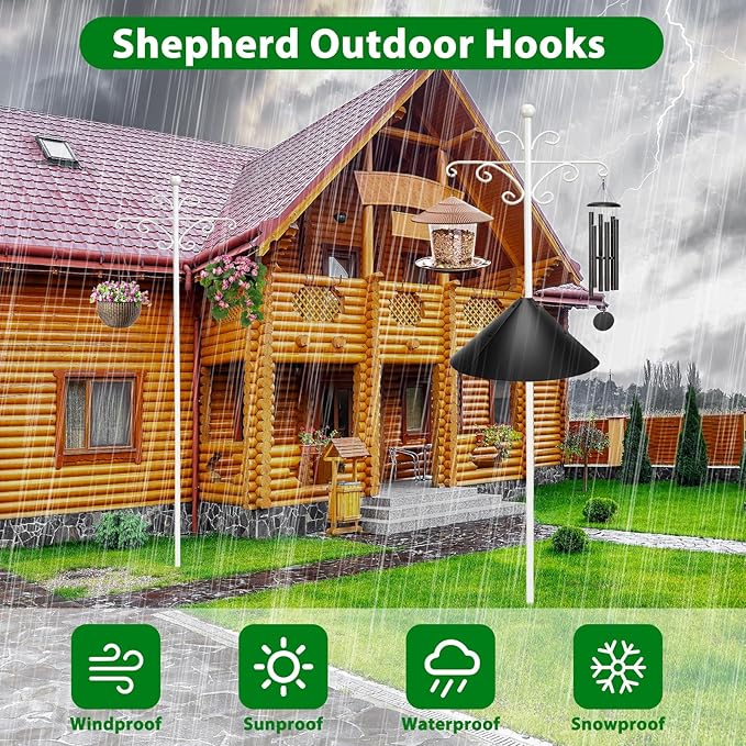 Bird Feeder Pole for Outdoors Heavy Duty Squirrel Proof, 2 Pack 108 Inch Adjustable Tall Shepherds Hooks for Outdoor with 5 Prongs Base, Double Shepherd Hooks (2 Pack White, 108 Inch)