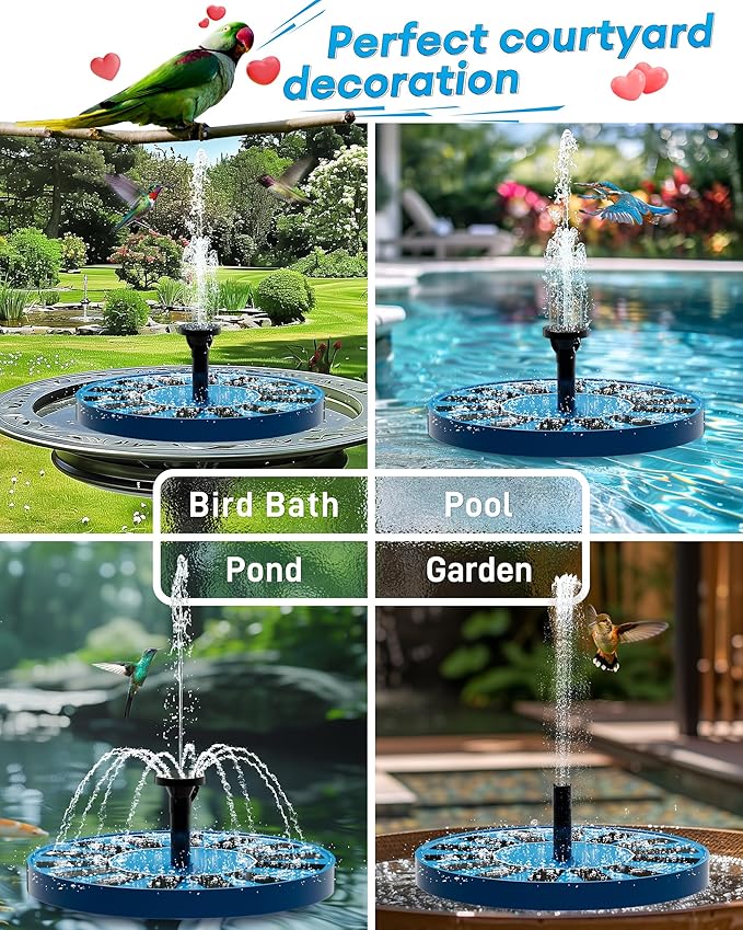 2.5W Solar Bird Bath Fountains – Upgraded Solar Pond Fountain with 6 Nozzles,Solar Fountain for Bird Bath, Pond, Garden Decor (Blue)