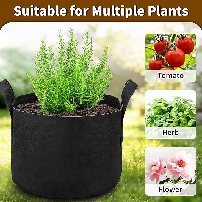6 Pack 5 Gallon Grow Bags, Heavy Duty 300g Nonwoven Fabric Plant Pots with Reinforced Handles, Breathable Tomato Potato Vegetable Grow Bags for Garden & Patio - Black
