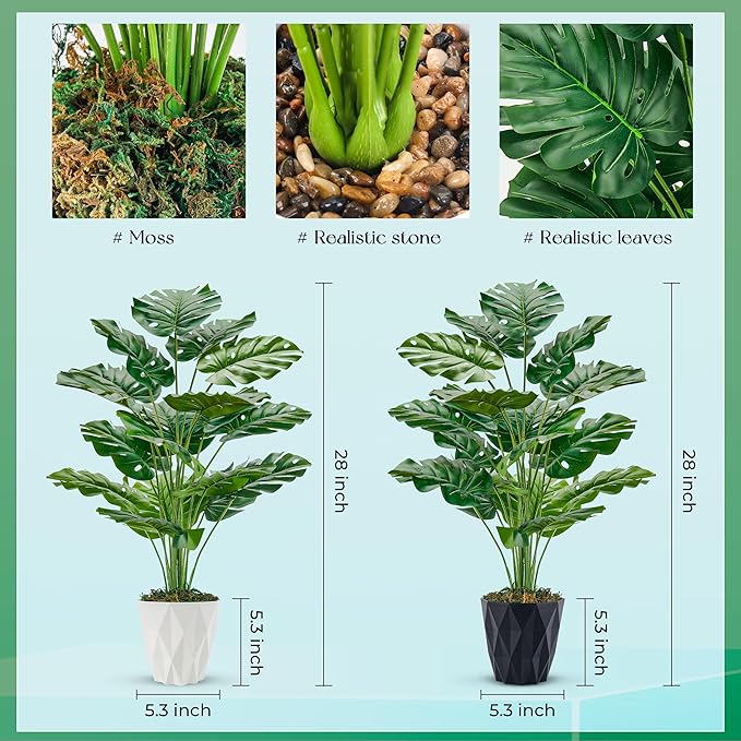 Der Rose 2 Pack 28" Fake Plants Large Artificial Monstera Faux Plants Indoor with White and Black Pots for Home Office Living Room Decor