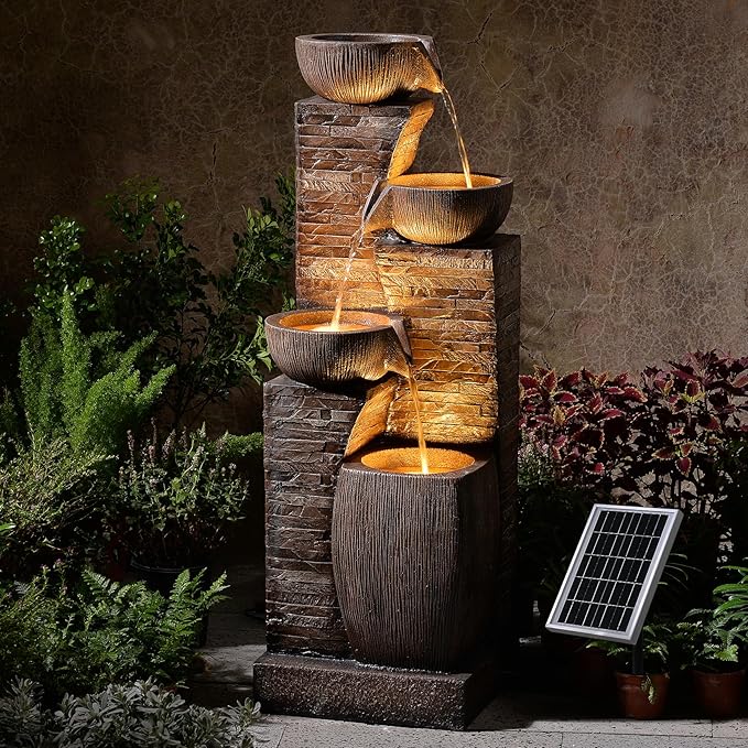 38.2" Tall Solar Powered Water Fountain for Outdoor,4 Tiers Modern Cascading Bowls and Stacked Stones Solar Fountains with LED Lights for Garden, Patio, Deck, Backyard and Home Art Decor