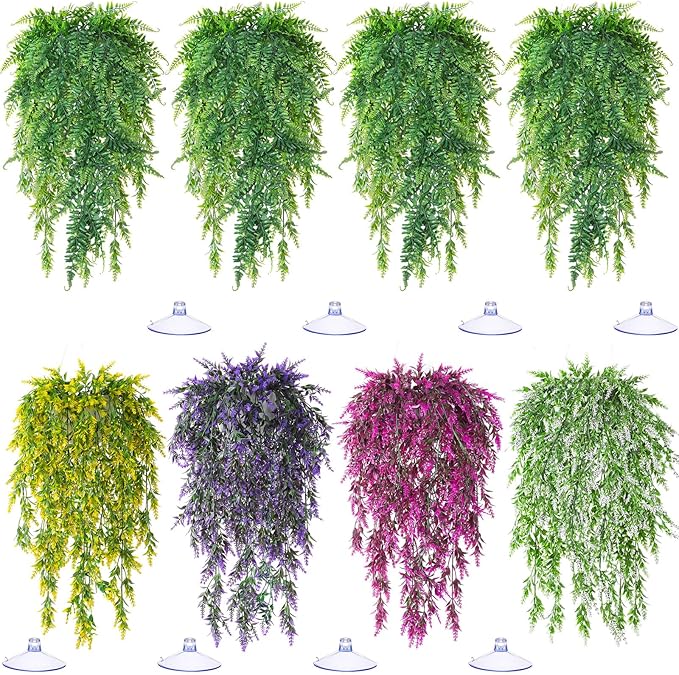 Suncalla Reptile Plants Terrarium Hanging Plants Vines Boston Climbing Terrarium Plant with Suction Cup for Bearded Dragons Lizards Crested Gecko Snake Crab Tank(Bright Series,5 Colors)