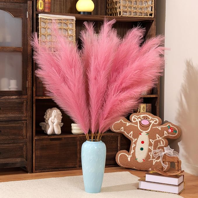 Premium Faux Dark Pink Pampas Grass – 43.3" Tall Fluffy Decor, 8pcs 18-Branch One-Piece Stems No Assembly, Luxury Silk-Feel Feather Flowers for Wedding Boho Home Decor (Magenta, 8 Stems / 110cm)