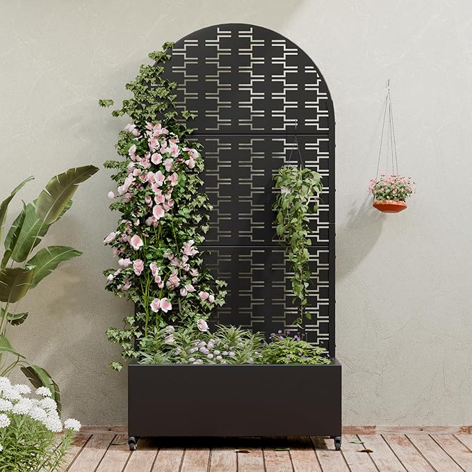 Casaphoria Metal Raised Garden Bed with Trellis and Wheels, 72"x35"x16" Arched Planter Box for Climbing Plants, Vegetables & Vines, Features Drainage Holes and Privacy Screen (Black-Brick)