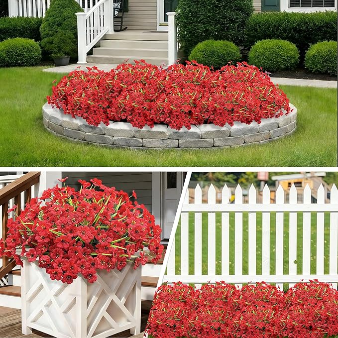 20 Bundles Artificial Flowers for Outdoors, UV Resistant Fake Flowers with Plastic Plants, Faux Silk Flowers for Planter outdoors, Fake realistic flowers For Window Box Front Porch Patio Decor-Red