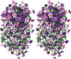 Artificial Faux Hanging Flowers Plants for Spring Outdoor Outside Decoration, 2 PCS Fake Silk Daisy with Eucalyptus UV Resistant Realistic Trailing Vines for Balcony Patio Porch (Darkpurple+Purple)