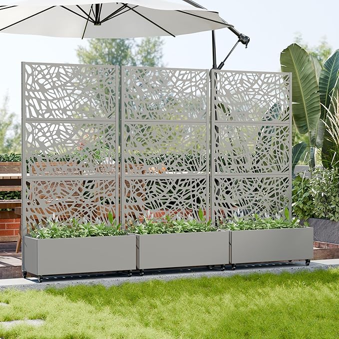 Casaphoria Metal Raised Garden Bed with Trellis and Wheels, 72"x35"x16" Planter Box for Climbing Plants, Vegetables & Vines, Features Drainage Holes and Privacy Screen, Grey-Net