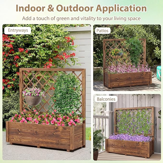 Giantex Raised Garden Bed Set 2 w/Trellis, Drainage Hole, 39”x14”x40” Wood Elevated Planter Box for Climbing Vine Flower Herb Vegetable Fruit, Planting Container for Indoor Outdoor Patio Balcony