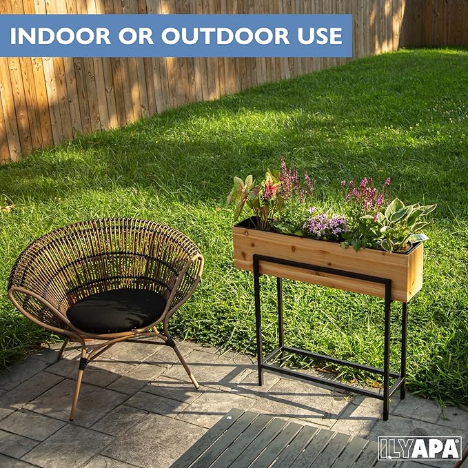 Ilyapa Raised Standing Planter with Legs, Metal and Wood Elevated Planter Box, 33"x35.5"x7", Indoor Outdoor, Perfect for Living Room, Front Porch