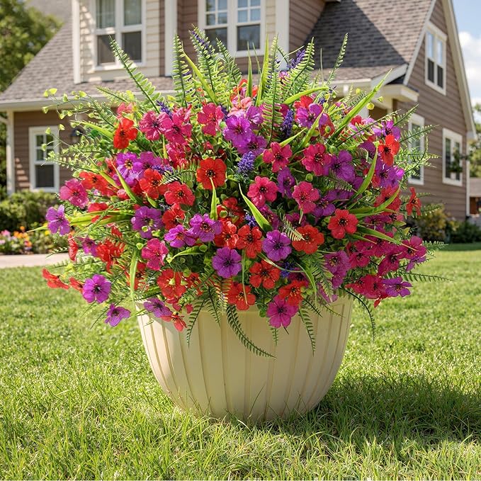 Alupssuc 48 Bundles Artificial Flowers for Outdoors Planters Spring Decoration, UV Resistant Faux Eucalyptus Violet and Lavender Silk Fake Plants for Outside Indoor Yard Home Patio Decor, Mix 3 Colors