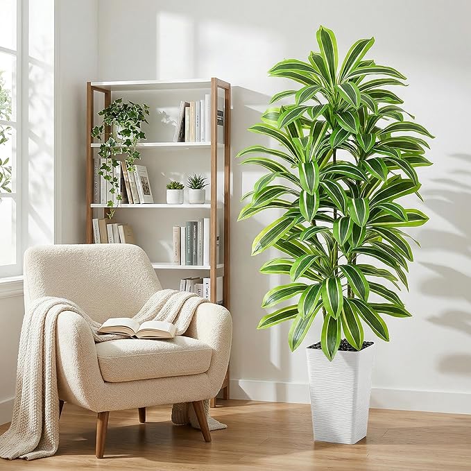 Artificial Dracaena Tree：6FT Faux Silk Tropical Yucca Floor Trees Realistic Fake Green Plant with Natural Wood Trunk & Lifelike Leaves for Home Office Decor Indoor & Outdoor (6FT,1-Pack,White)
