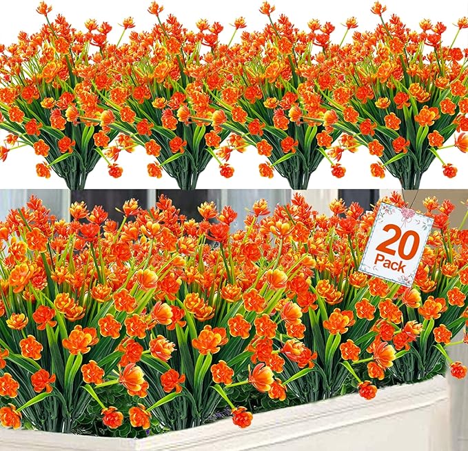 20 Bundles Artificial Flowers for Outdoors Summer Decor-UV Resistant No Fade Fake Mums Faux Plants Plastic Flowers Greenery for Home Porch Gardens Fireplace Patio Indoor Outsides Decor(Orange Red)