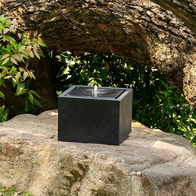 12.79” H Outdoor Water Fountain Made with Eco-Friendly Recyclable Materials, Polyethylene Square Bubbler Outdoor Fountain, Garden Decor with LED Light for Patio, Porch, Backyard