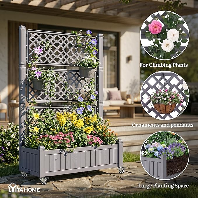 YITAHOME 42.5x14.2x61 in Planter Box with Trellis/Outdoor Privacy Screen, All-Weather Raised Garden Bed with Wheels & Drain Plug for Climbing Plants Flowers Herbs, Brown