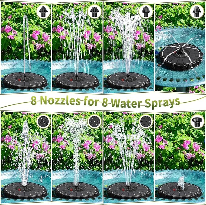 SZMP Solar Fountain, Works in Cloudy with 2000mAh Battery Backup, Glass Solar Powered Bird Bath Fountain with Smart Status Indicators, 3.5W, 8 Nozzles, for Garden, Outdoor (Black)