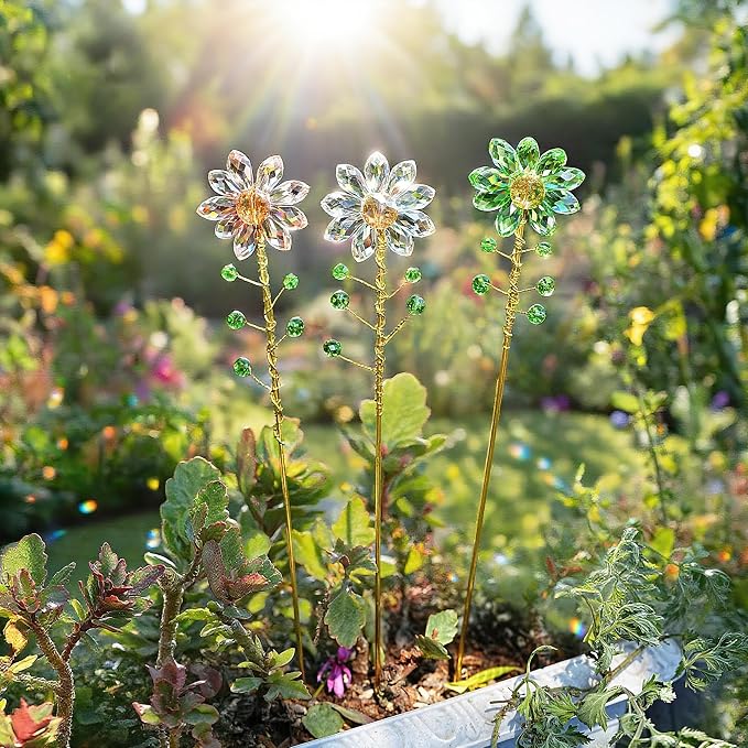 H&D HYALINE & DORA 3 Pcs Crystal Sunflower Suncatchers with 13'' Gold Trellis Metal Plant Stake for Indoor Outdoor Garden Potted Plants Decorations Plant Lover Gift(Clear, Green, Pink)