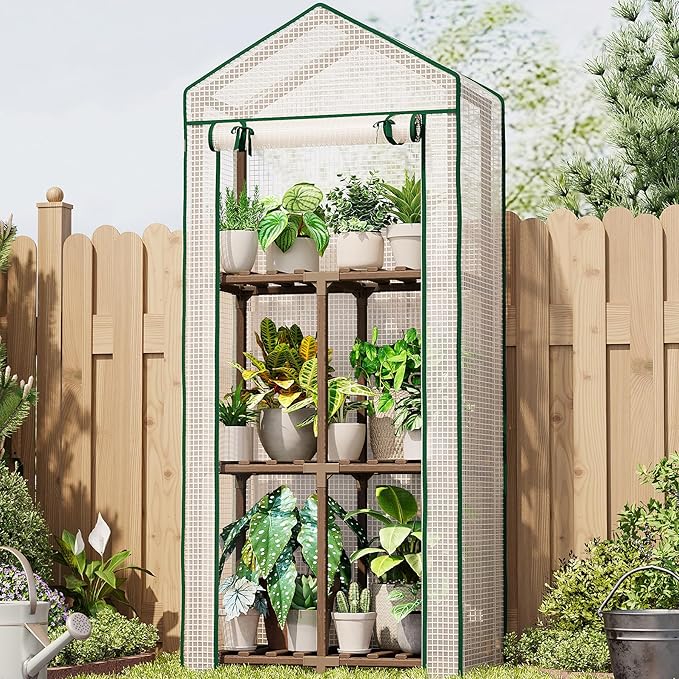 Bamworld 23 x 17 x 54-Inch Mini Greenhouses for Outdoors Portable Green House with PE Cover Sturdy Eucalyptus Wood Frame Small Greenhouse for Winter Plant Frost Protection Plant Garden Hot House