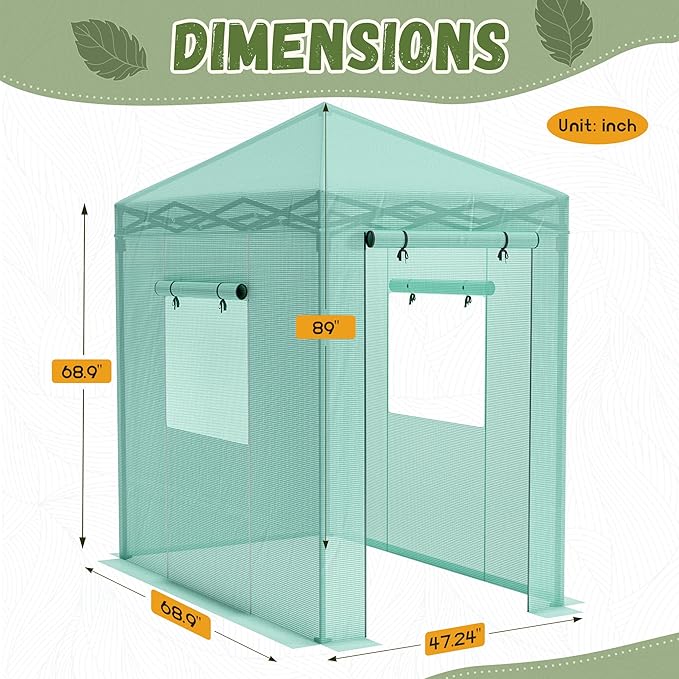 Devoko Walk-in Greenhouse, Instant Pop Up Green House for Outdoors with Zippered Door and 2 Roll-up Windows, PE Cover, Portable and Easy Assemble (Green, 6x4 Feet)