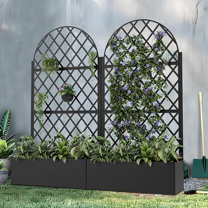 Casaphoria Metal Raised Garden Bed with Trellis and Wheels, 72"x35"x16" Planter Box for Climbing Plants, Vegetables & Vines, Features Drainage Holes and Privacy Screen (Black-Rhombus)