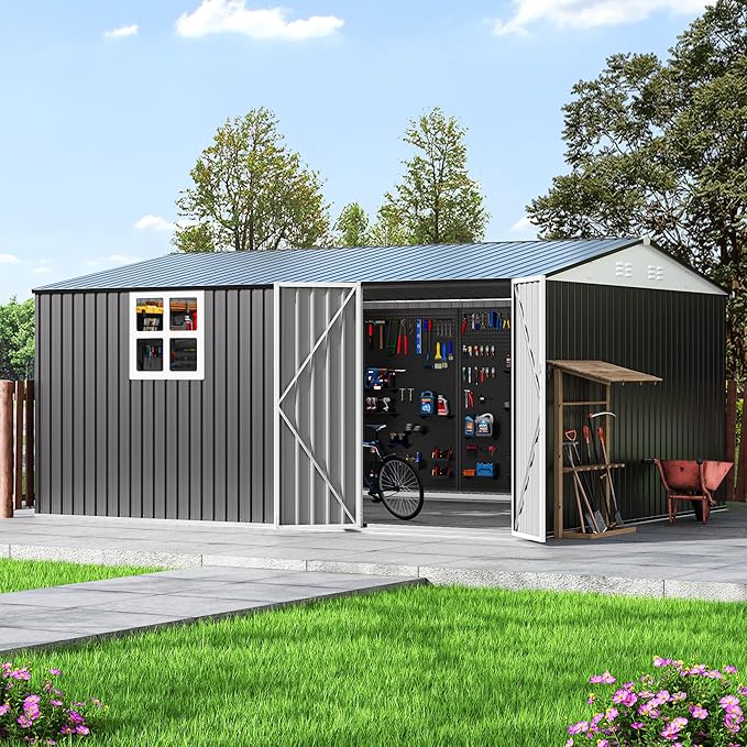 Polar Aurora 12X14 FT Metal Outdoor Storage Sheds with Window, Heavy-Duty Galvanized Steel Garden Shed with Lockable Doors and 4 Vents, Large Weatherproof Tool Shed Kit for Backyard Patio, Black