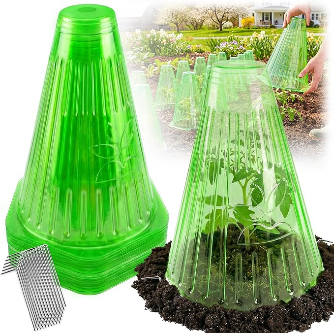 30 Pack Garden Cloches for Plants with 60 Stakes, 9.05" L x 7.8" Reusable Plant Bell Cover, Protection from Freezing Weather, Birds, and Snails for Garden