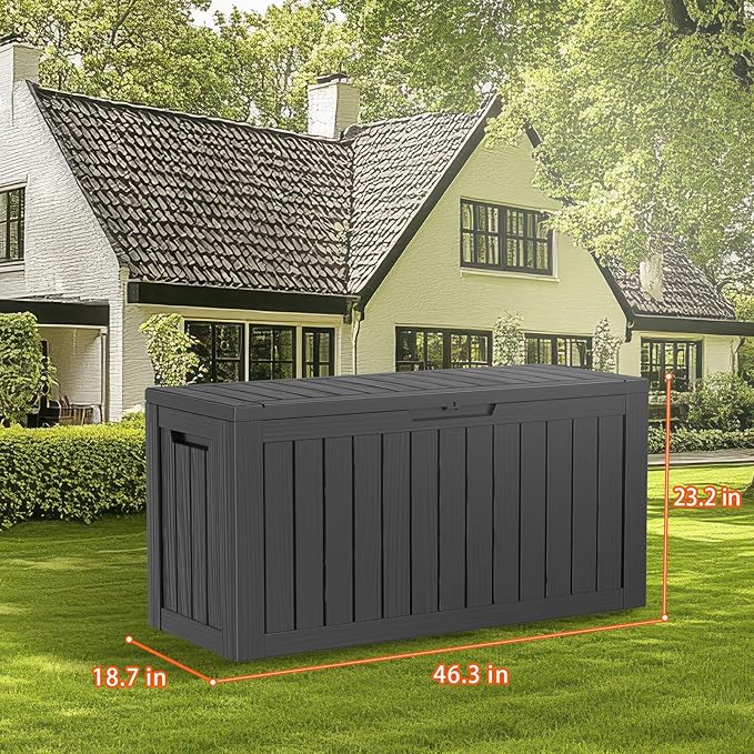 PatioZen 90 Gallon Resin Deck Box, Lockable Patio Outdoor Storage Box for Furniture, Garden Tools and Tools Storage, Waterproof Outside Storage Box - Black