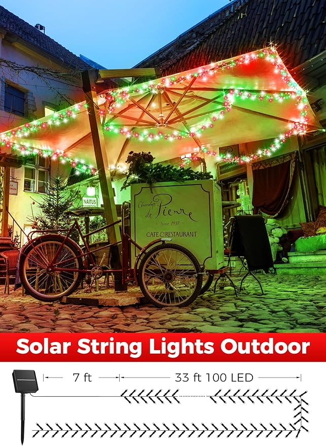 Minetom Solar Christmas Lights Outdoor Waterproof, 2 Pack Total 80FT 200 LED Solar Lights with 8 Modes, Solar Christmas Light Outdoor Decoration, Solar String Light for Outside Tree,Red Green & White
