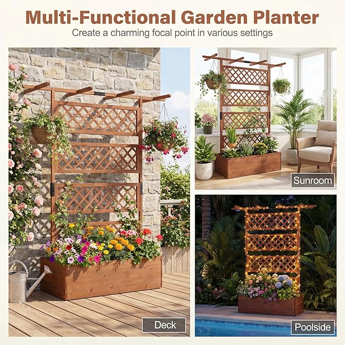 COSTWAY Wooden Raised Garden Planter with Trellis and Roof, 72" Freestanding Privacy Screen & Climbing Plant Support for Outdoor Patio, Balcony, Vegetable, Herb, and Flower Gardening (Brown,2)