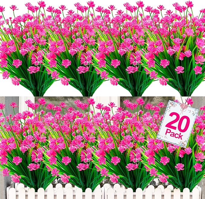 TURNMEON 20 Bundles Artificial Flowers for Outdoors, Spring Grass Camellia Fake Flowers Plastic Plants, UV Resistant No Fade Faux Greenery for Gardens Porch Yards Cemetery Summer Decor 500 Heads(Pink)