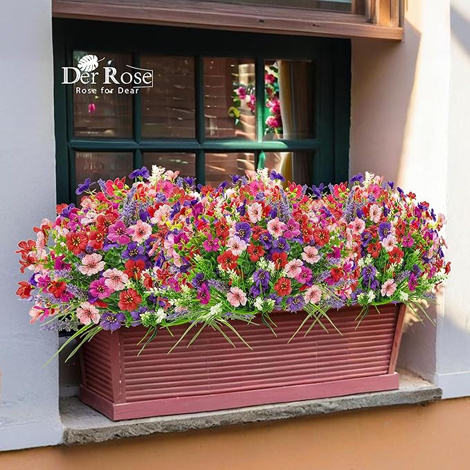 Der Rose 24 Bundles Artificial Flowers for Outdoors Fake Spring Flowers Plants UV Resistant for Home Garden Porch Window Wedding Decor