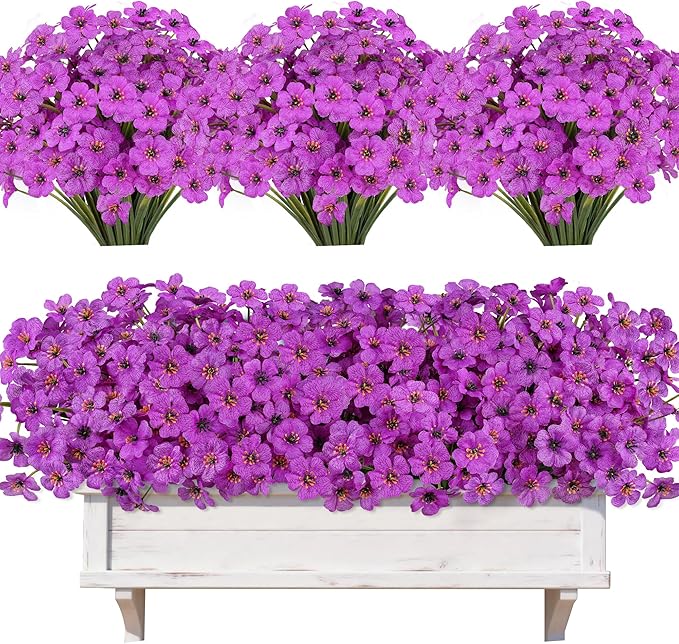 AmyHomie 20 Bundles Artificial Flowers for Outdoor Outside Spring Summer Decoration UV Resistant Faux Flowers No Fade Fake Plastic Plants Garden Porch Window Box Decorating (Purple)