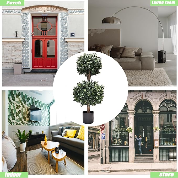 3Ft-35'' Artificial Boxwood Double Ball Topiary Trees,2PACK Faux Topiaries Tree Store Garden Indoor&Outdoor for Porch Home Decor