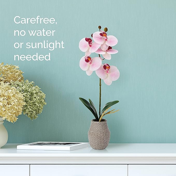 Mikasa Artificial Orchid in Pot, Real Touch Phalaenopsis Orchid, Embossed Weave Cement Pot, 16-Inch Single Branch, Watercolor Pink