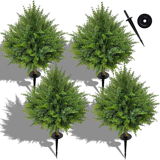 24.5 Inch (H) Artificial Cedar Topiary Ball Trees, Set of 4 UV Resistant Fake Shrub Bushes with Ground Spikes, Faux Outdoor Plants for Garden, Patio, Front Porch & Indoor Decor (4)