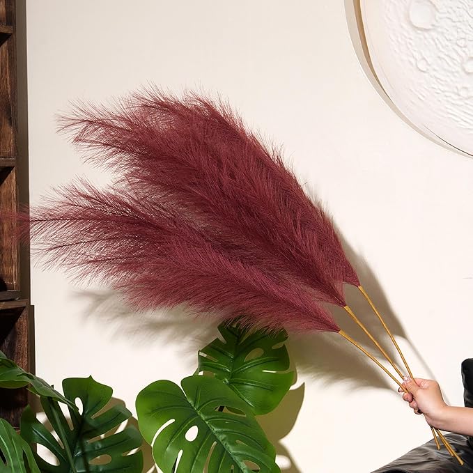 Premium Faux Burgundy Red Pampas Grass – 43.3" Tall Fluffy Romantic Decor, 8pcs 18-Branch One-Piece Stems No Assembly, Luxury Feather Flowers for Wedding Holiday Decor (Claret Red, 8 Stems / 110cm)