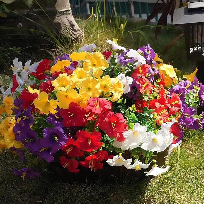 Artificial Flowers for Outdoors Fake Plants Outside Decoration, 12 Bundles Silk Petunia with Eucalyptus UV Resistant Realistic Faux Flowers for Outdoor Planters Garden Balcony (4 Color)
