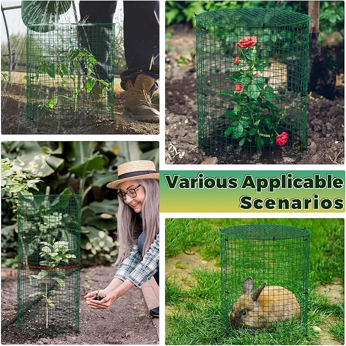6 Pack Garden Plant Protectors from Animals with Stakes, Metal Mesh and Detachable Covers Wire Plant Cage for Keeping Bunny Animals Out, Chicken Wire Cover Garden Protect (12 * 13 in)
